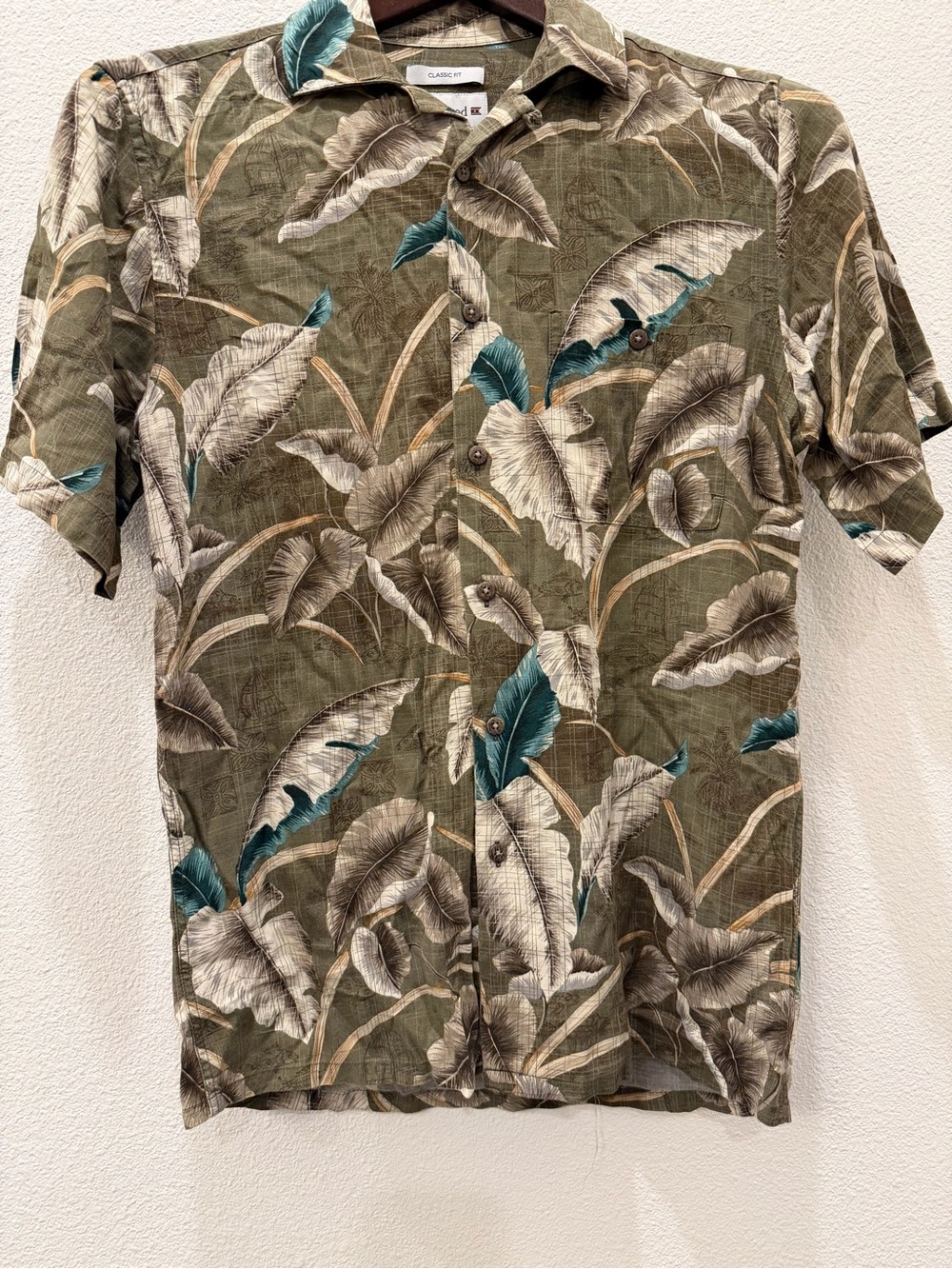 Saddlebred Olive Green Tropical Leaf Short-Sleeve Button-Down Shirt